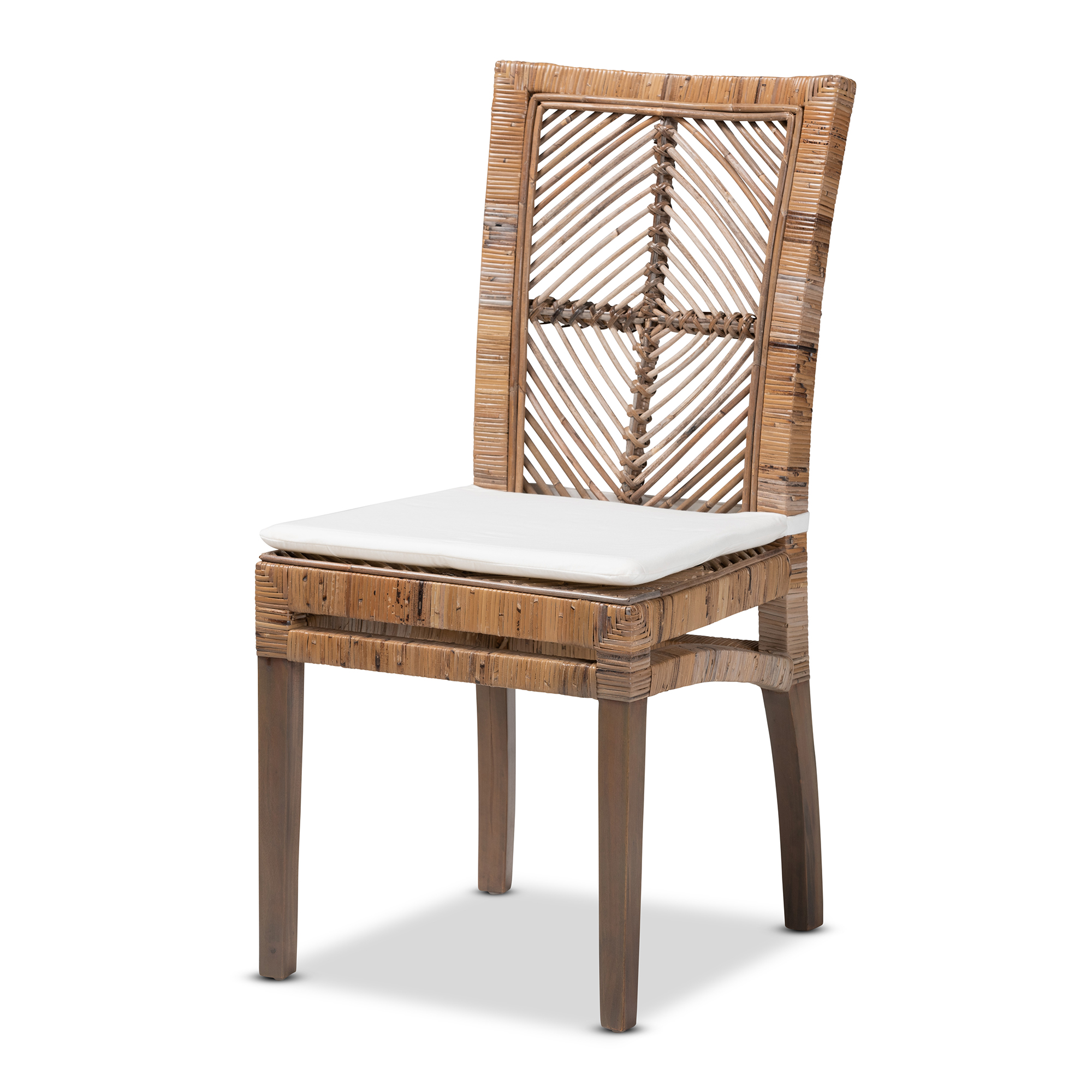 Baxton Studio Laluna Modern Bohemian Greywashed Natural Rattan and Mahogany Dining Chair with Cushion